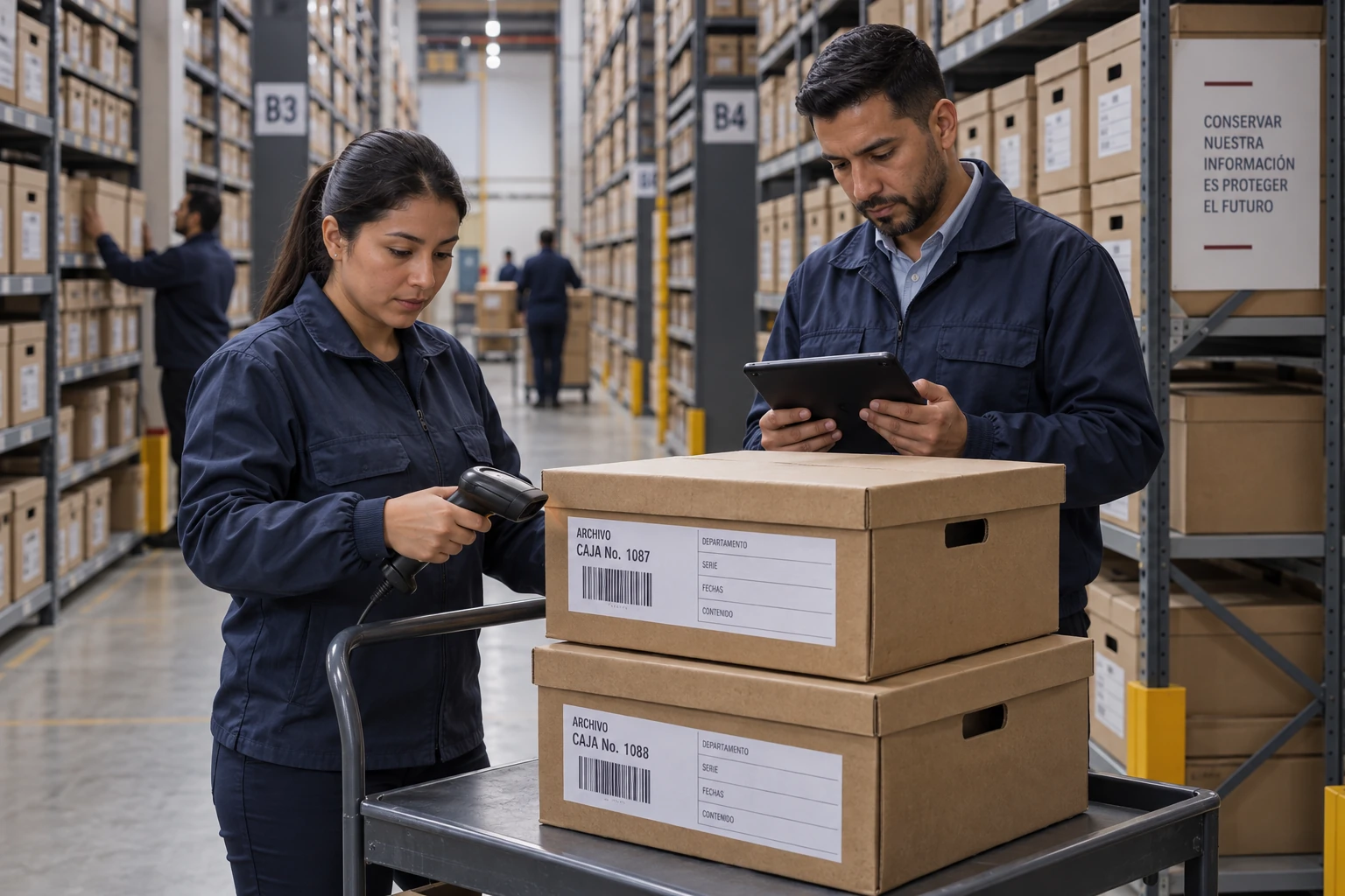 Profesionales verificando cajas documentales en un archivo organizado