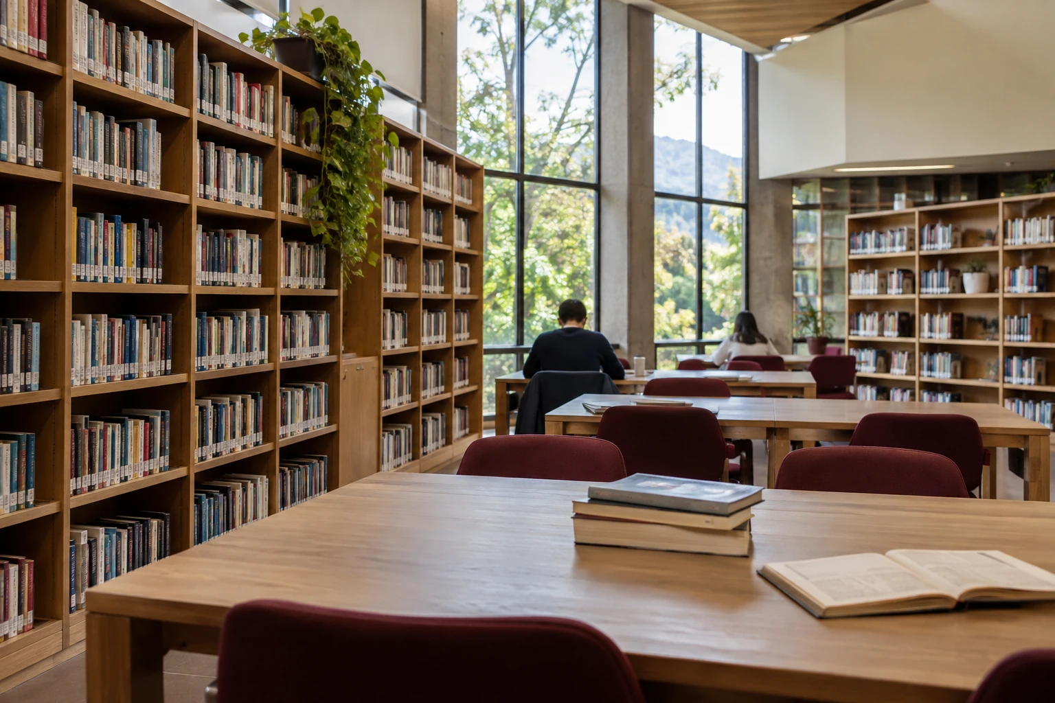 Biblioteca con colecciones organizadas y espacios de lectura y consulta