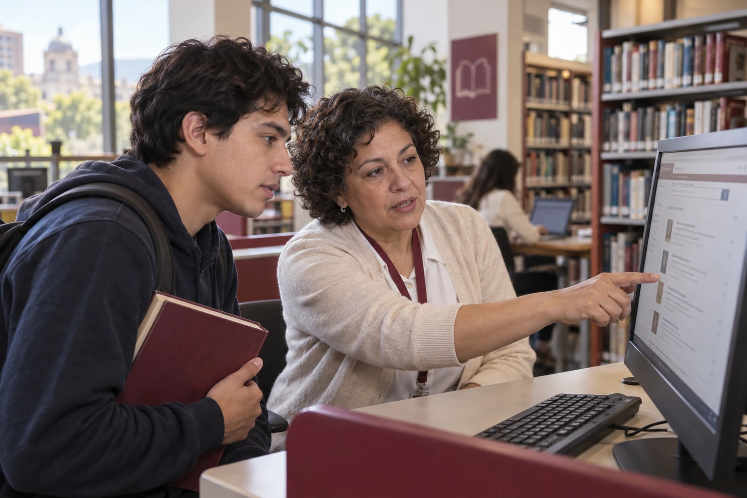 Bibliotecaria orientando a una estudiante en la consulta del catálogo