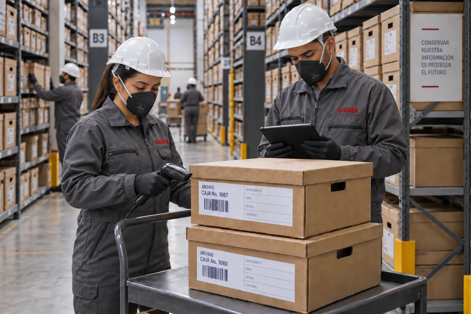 Profesionales verificando cajas documentales en un archivo organizado