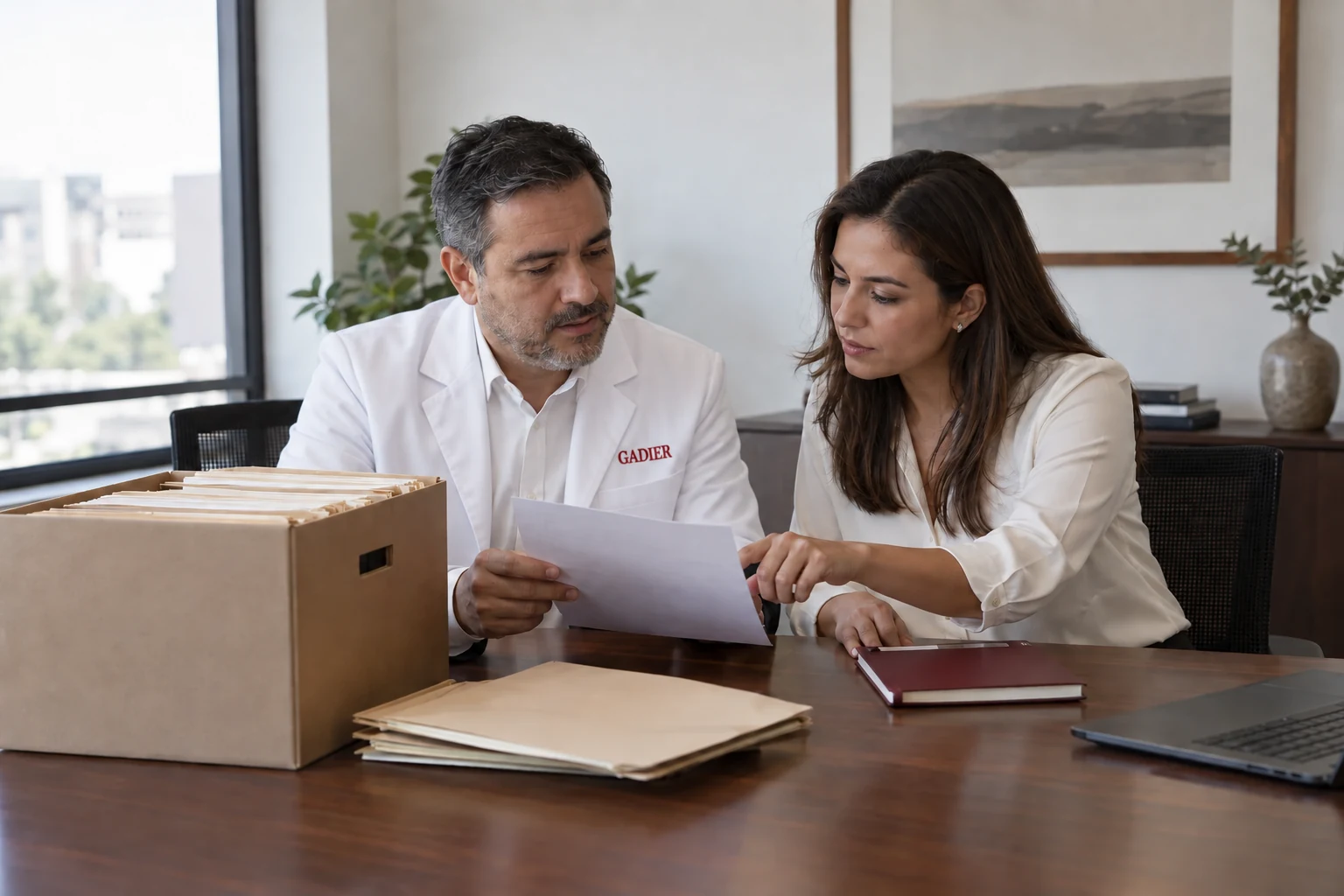 Profesionales revisando documentos y registros de un archivo